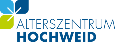 Logo für das Alterszentrum Hochweid. Es zeigt ein abstraktes Blumenmuster in Blau und Grün mit dunkelblauer Schrift.