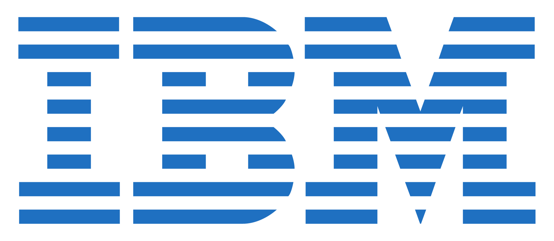 IBM-Logo mit blauen horizontalen Streifen, die die Buchstaben „IBM“ bilden.