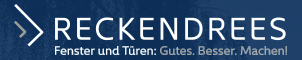 RECKENDREES-Logo mit weißem Text und Slogan auf blauem Hintergrund