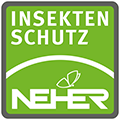 NEHER – Insektenschutz | Logo Grünes „Insektenschutz“-Logo mit NEHER-Branding und einem kleinen Insektensymbol
