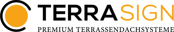 TERRASIGN-Logo mit orangefarbenem und schwarzem Kreissymbol und dem Text „PREMIUM TERRASSENDACHSYSTEME“
