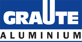 Graute Aluminium-Logo mit fetter weißer Schrift auf blau-schwarzem Hintergrund