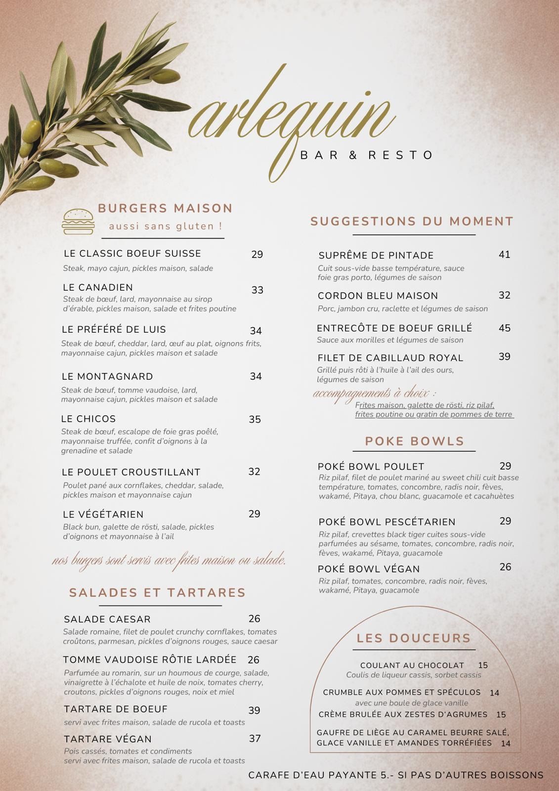 Carte du mois, plats et tapas à l'Arlequin Bar & Resto