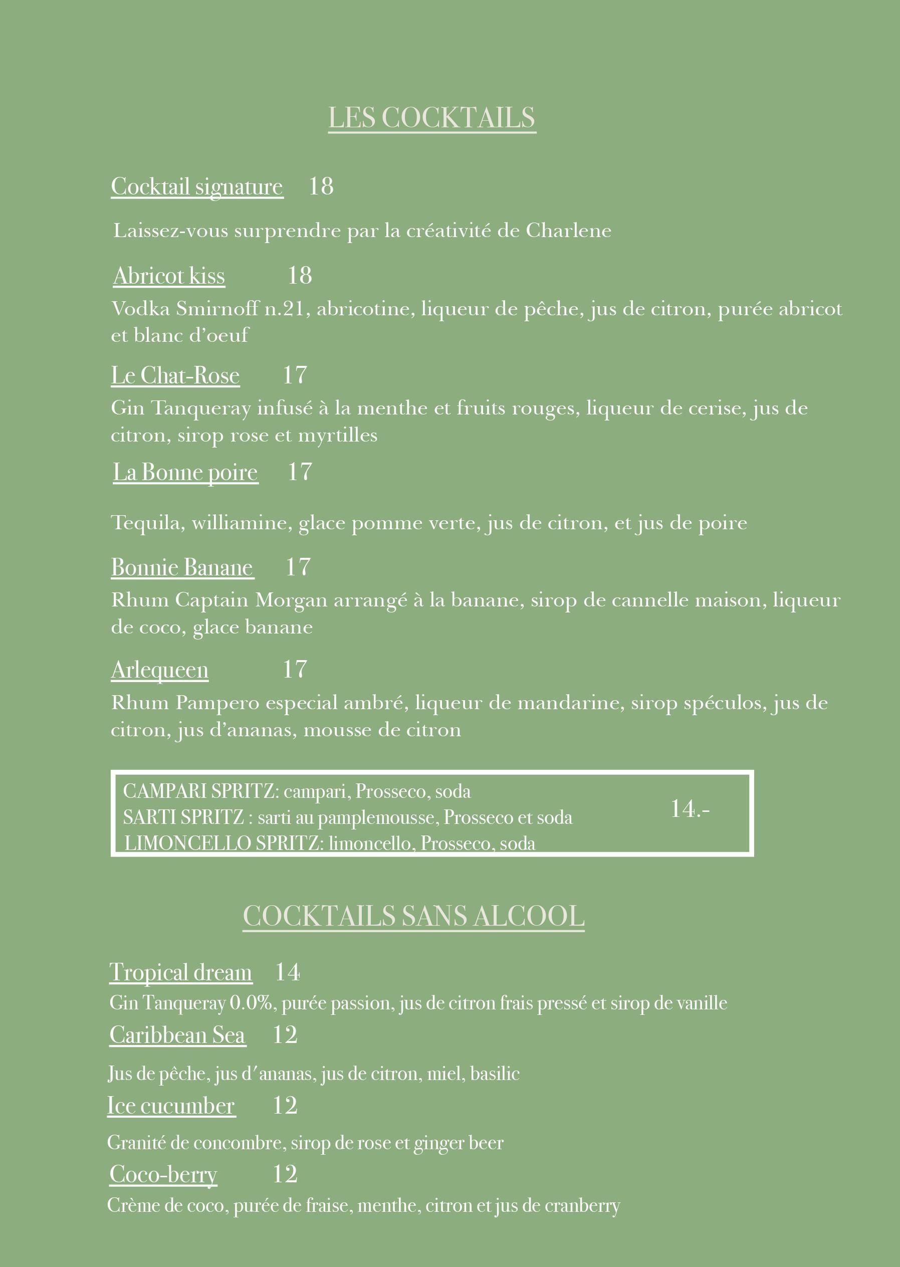 Carte des cocktails de l'Arlequin Bar & Resto