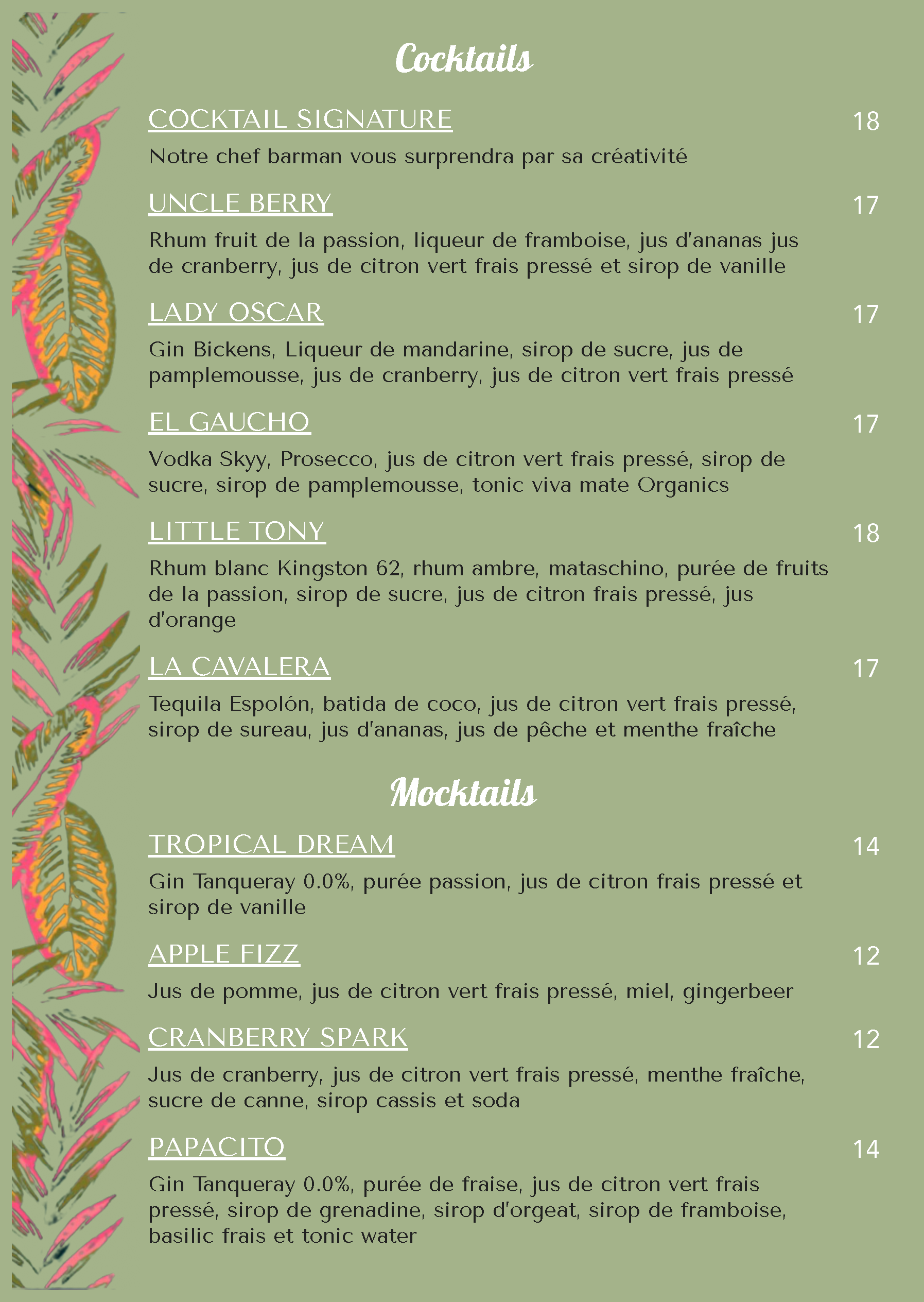 Carte des boissons, minérals et boissos chaudes