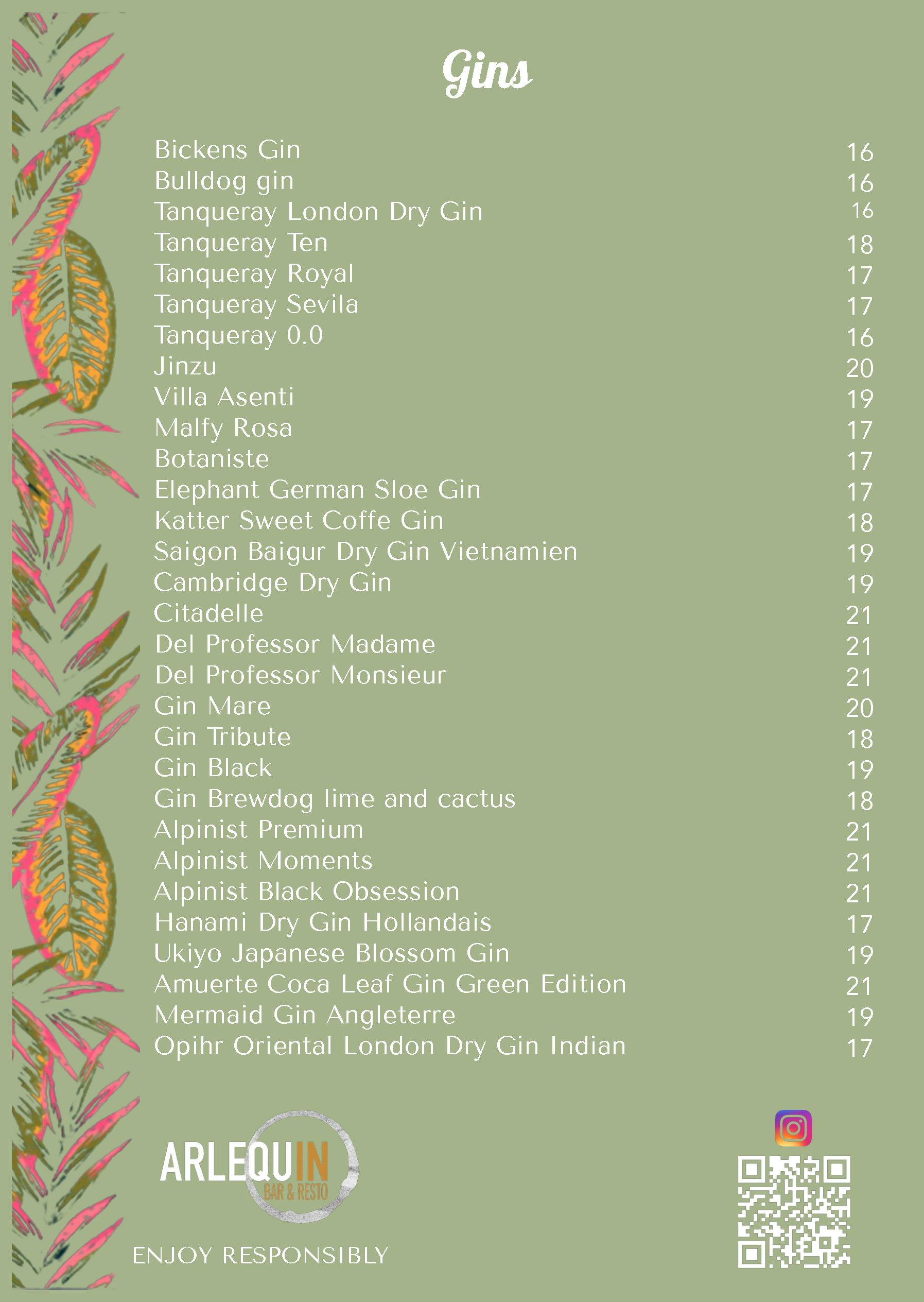 Carte de nos Gins - Arlequin Bar & Resto