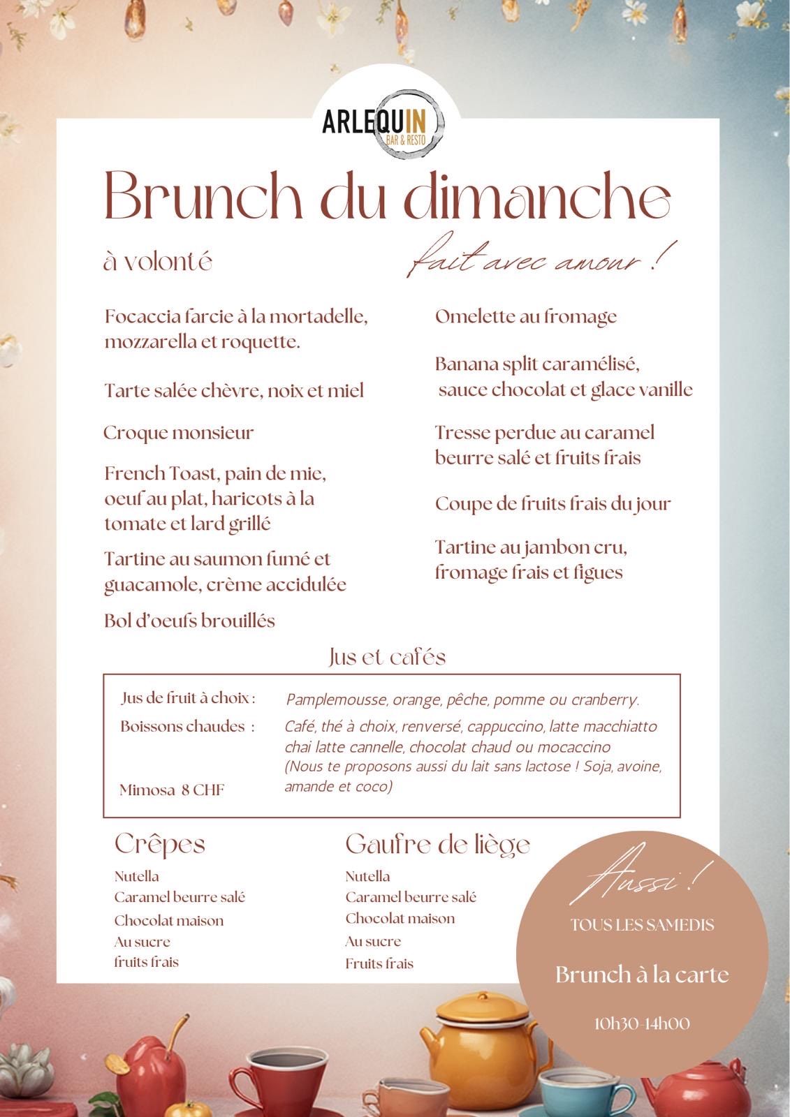 Carte du brunch à L'Arlequin Bar & Resto