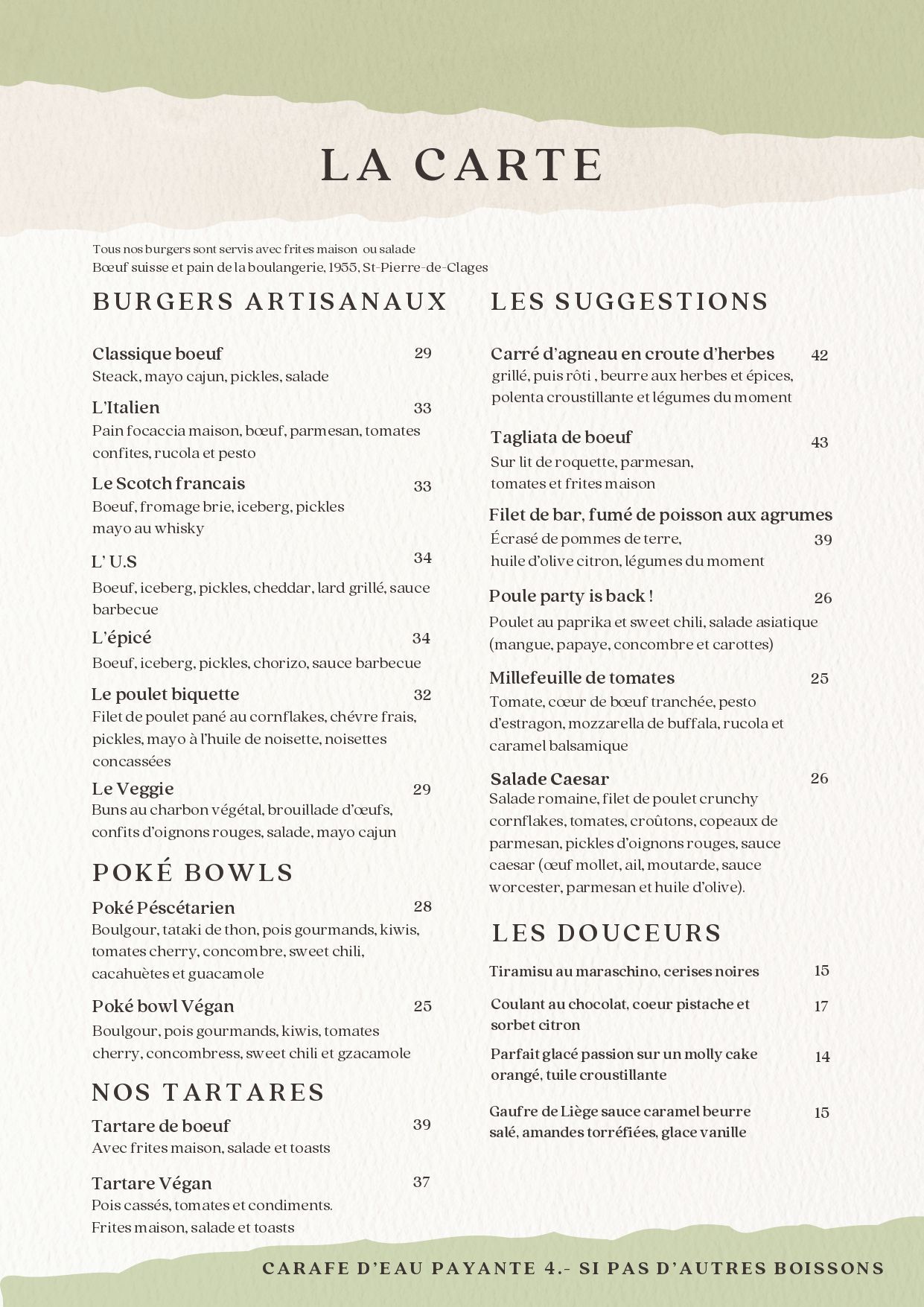 Carte du mois, plats et tapas à l'Arlequin Bar & Resto