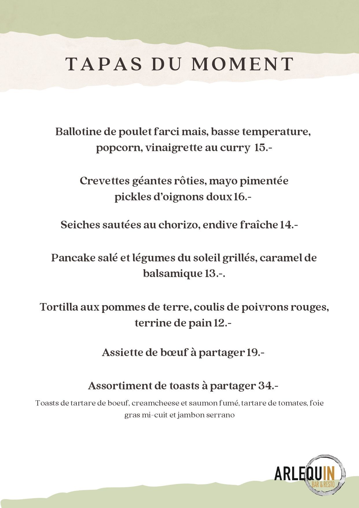 Carte du mois, plats et tapas à l'Arlequin Bar & Resto