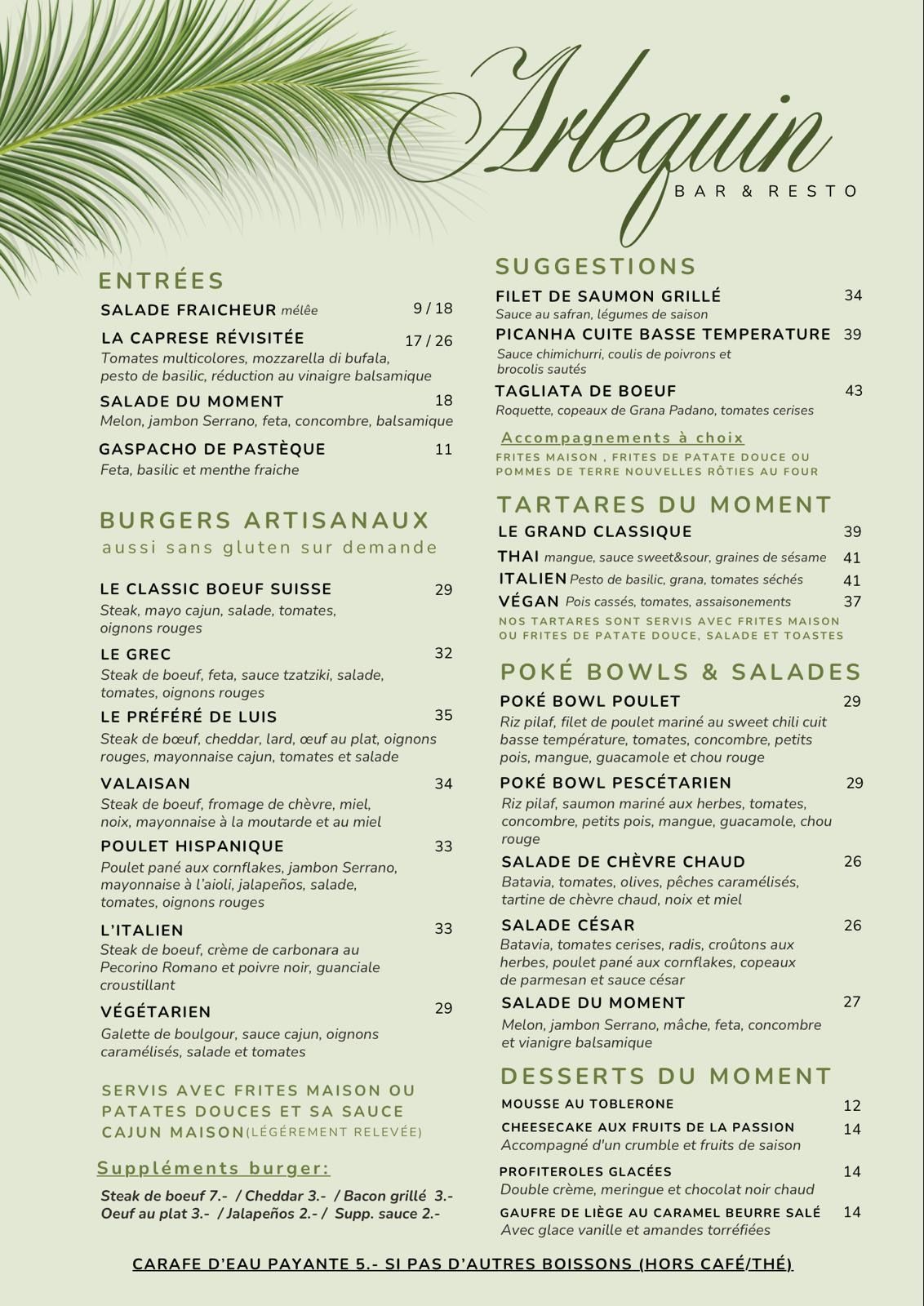 Carte du mois, plats et tapas à l'Arlequin Bar & Resto