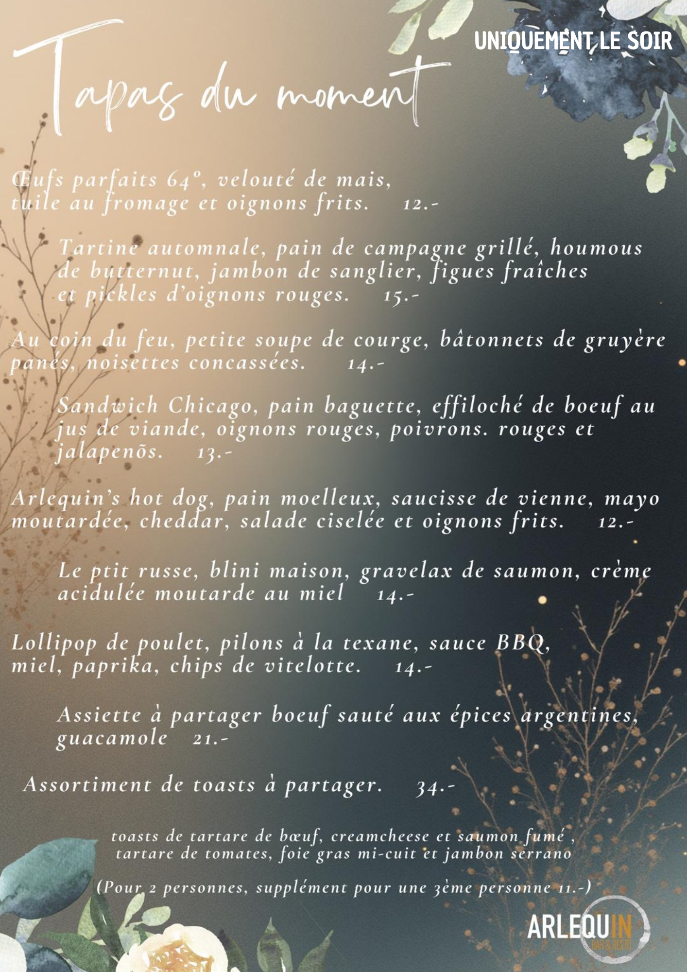 Carte du mois, plats et tapas à l'Arlequin Bar & Resto