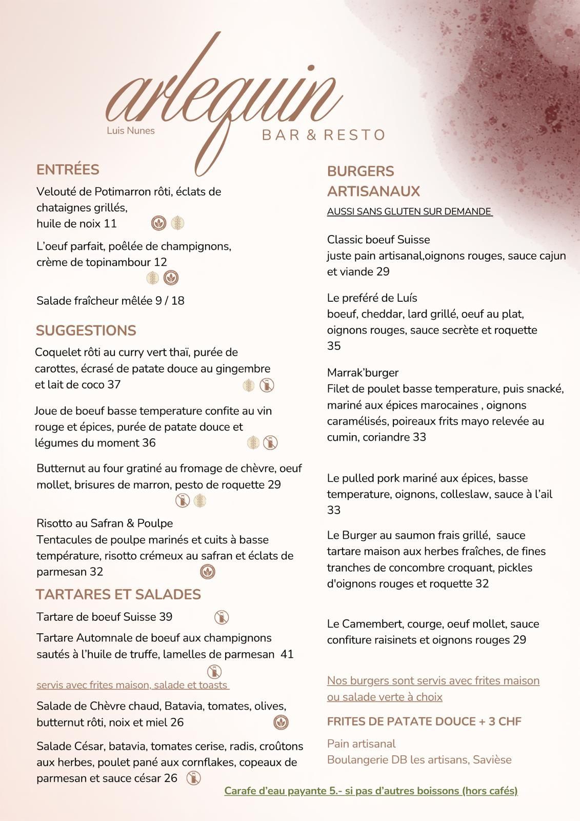 Carte du mois, plats et tapas à l'Arlequin Bar & Resto