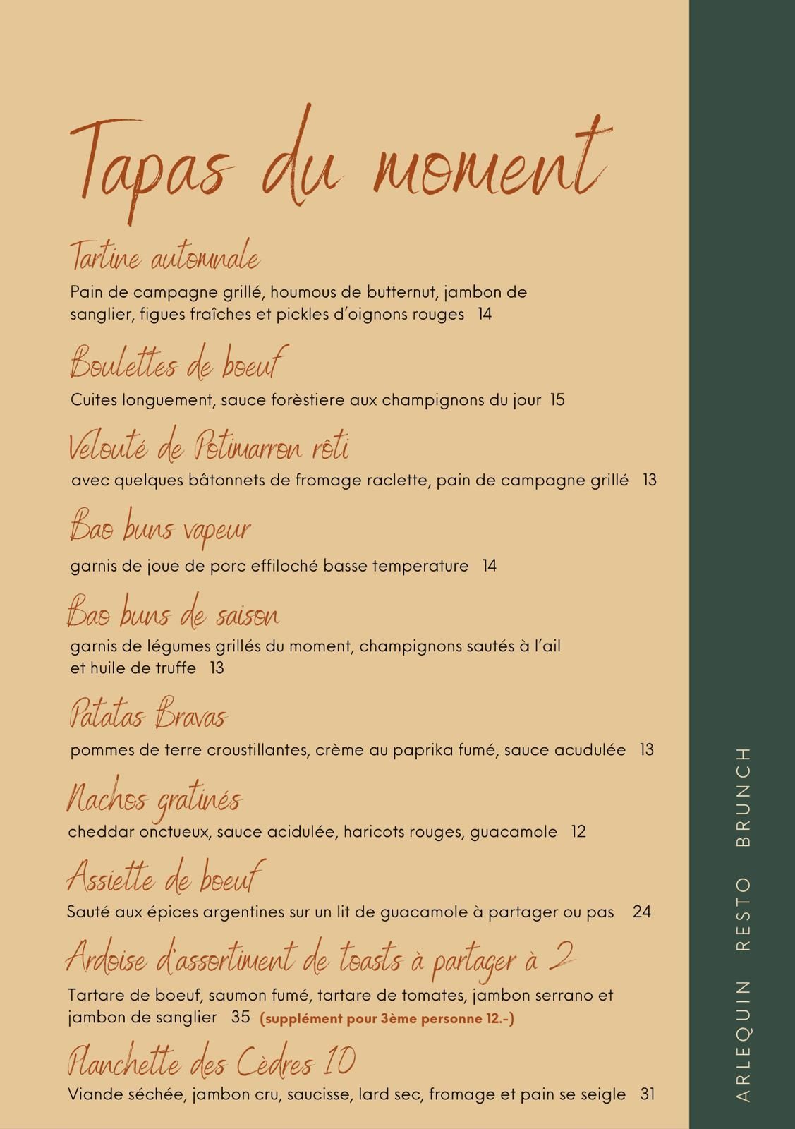 Carte du mois, plats et tapas à l'Arlequin Bar & Resto