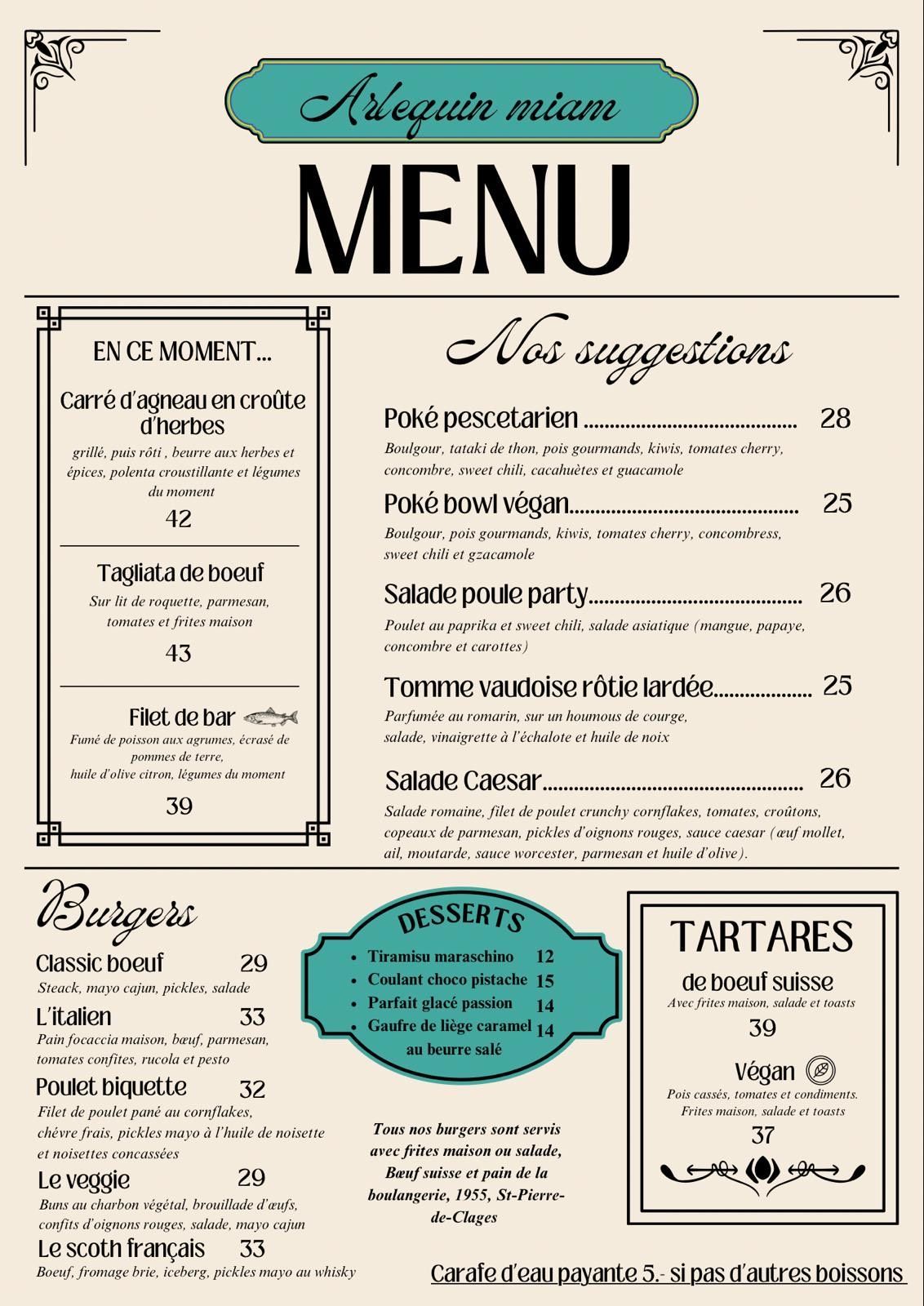 Carte du mois, plats et tapas à l'Arlequin Bar & Resto