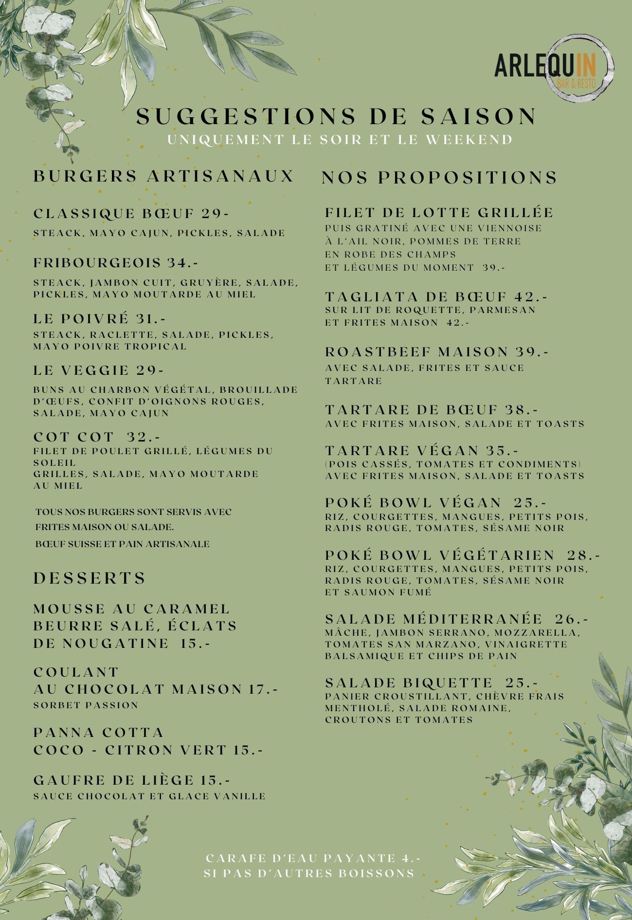 Carte du mois, plats et tapas à l'Arlequin Bar & Resto