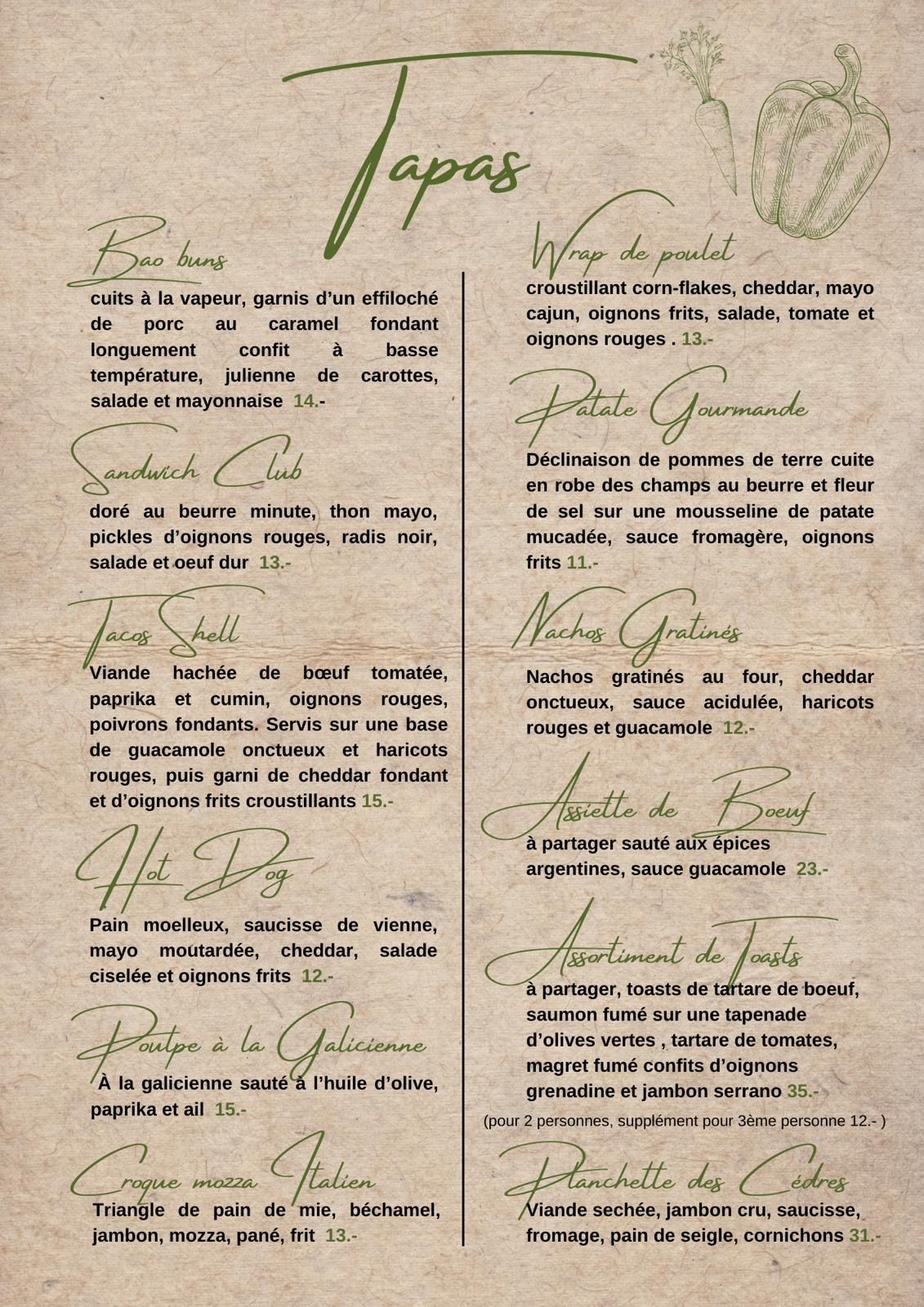 Carte du mois, plats et tapas à l'Arlequin Bar & Resto