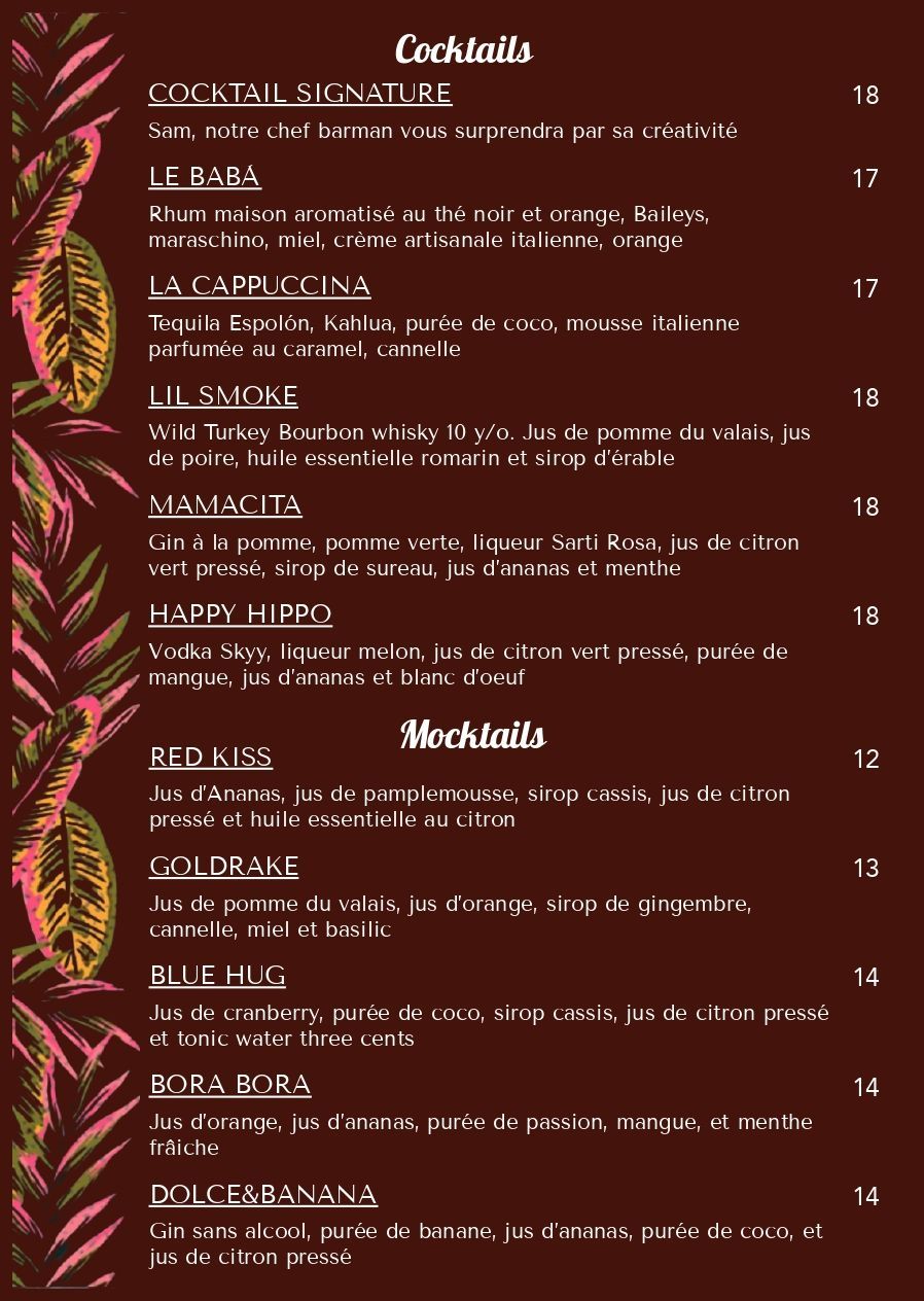 Carte des boissons, minérals et boissos chaudes