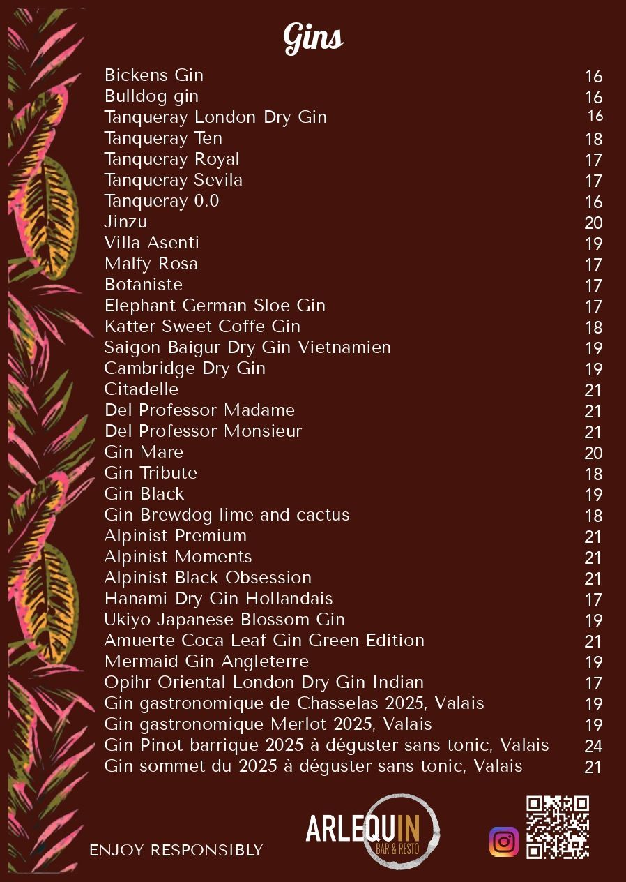 Carte de nos Gins - Arlequin Bar & Resto