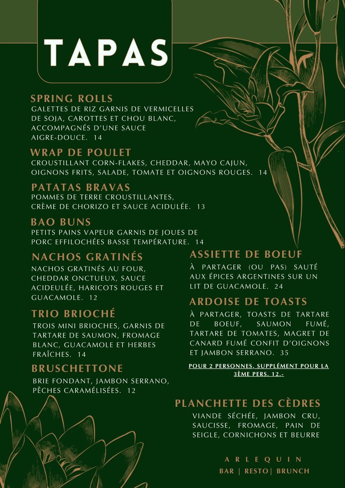 Carte du mois, plats et tapas à l'Arlequin Bar & Resto