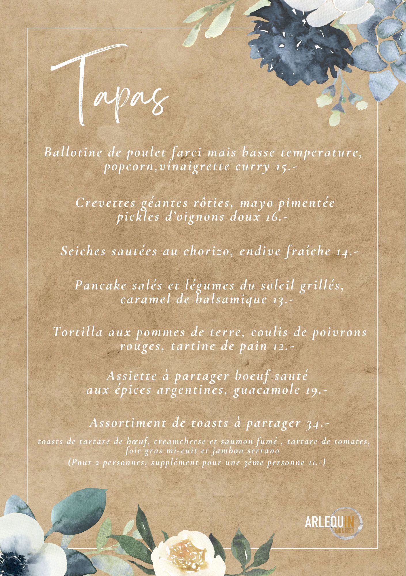 Carte du mois, plats et tapas à l'Arlequin Bar & Resto