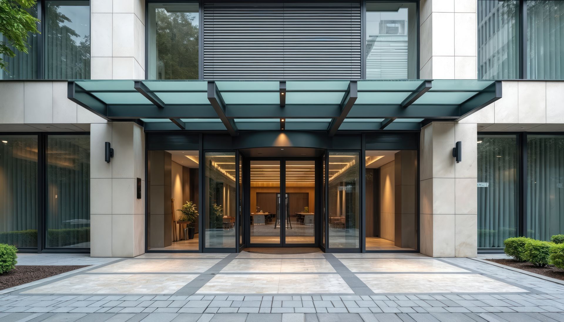 Entrée d’un bâtiment moderne avec une marquise en verre, des portes doubles et une façade en pierre symétrique