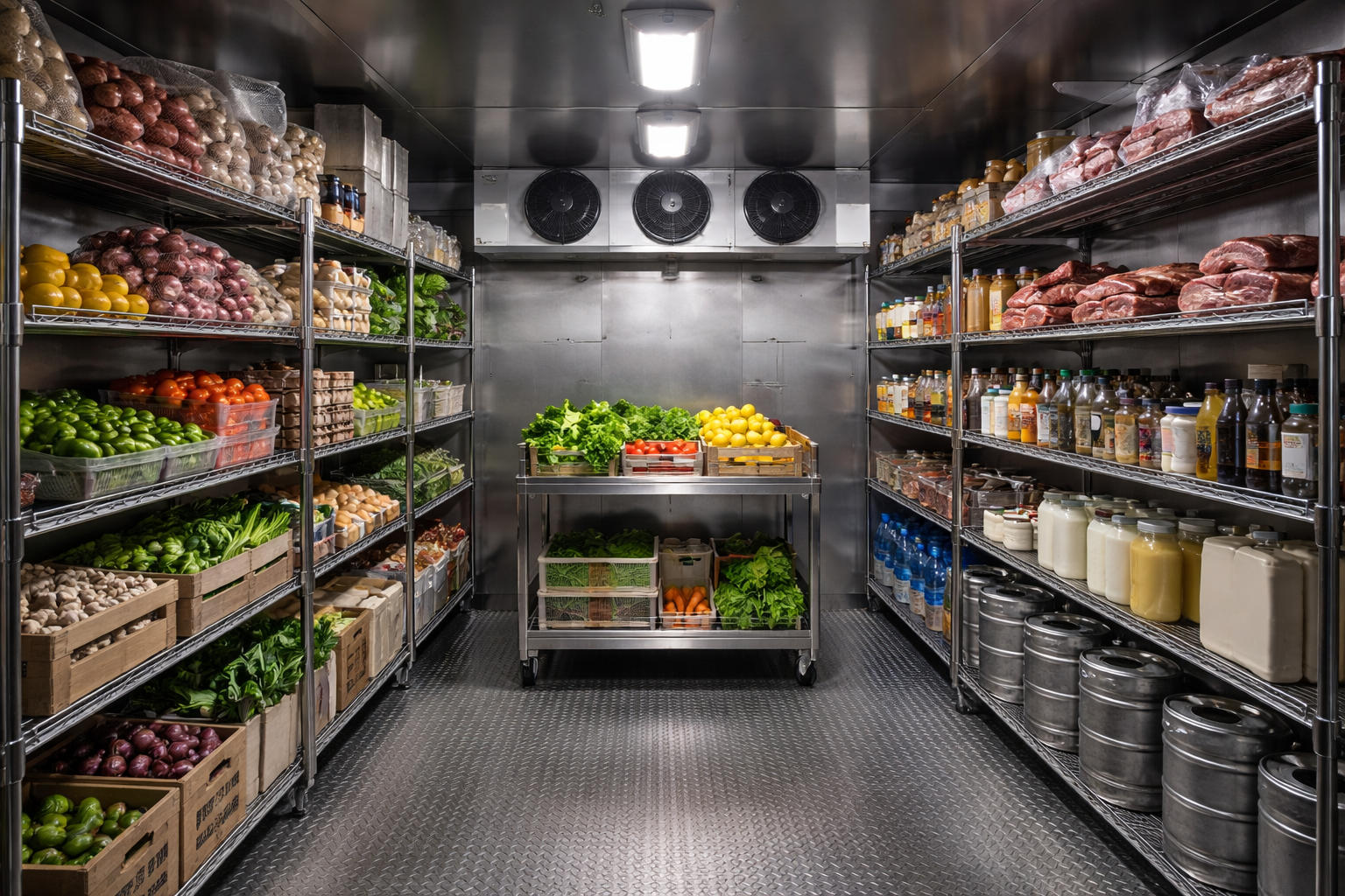 Kaupallinen kylmäkaappi, jossa on metallihyllyt, jotka on pinottu tuoretuotteilla, pakatuilla tuotteilla ja elintarvikepakkauksilla.