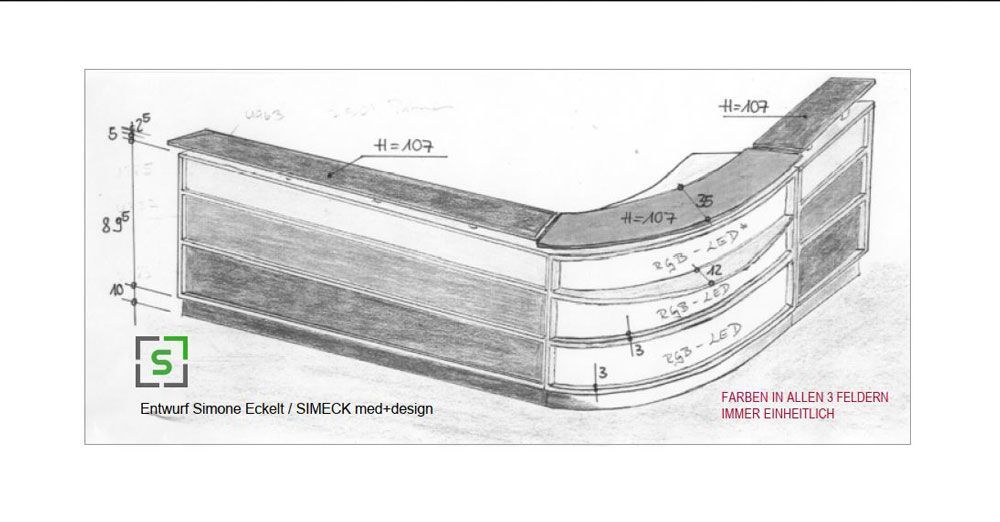 Eine Schwarzweißzeichnung eines geschwungenen Empfangstresens mit Maßangaben.