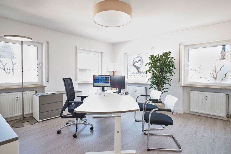 Ein Zimmer mit einem Schreibtisch, Stühlen, Computern und einer Pflanze.