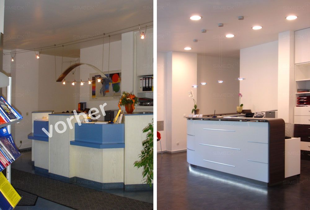 Ein Vorher-Nachher-Foto eines Empfangstresens