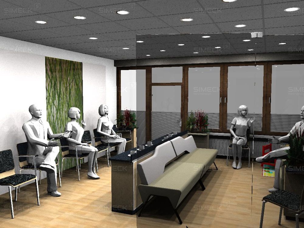 Eine Gruppe von Schaufensterpuppen sitzt in einem Wartezimmer