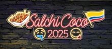 Logotipo de SalchiCoco 2025 con un tazón de comida y una bandera colombiana sobre una pared de ladrillo oscuro.