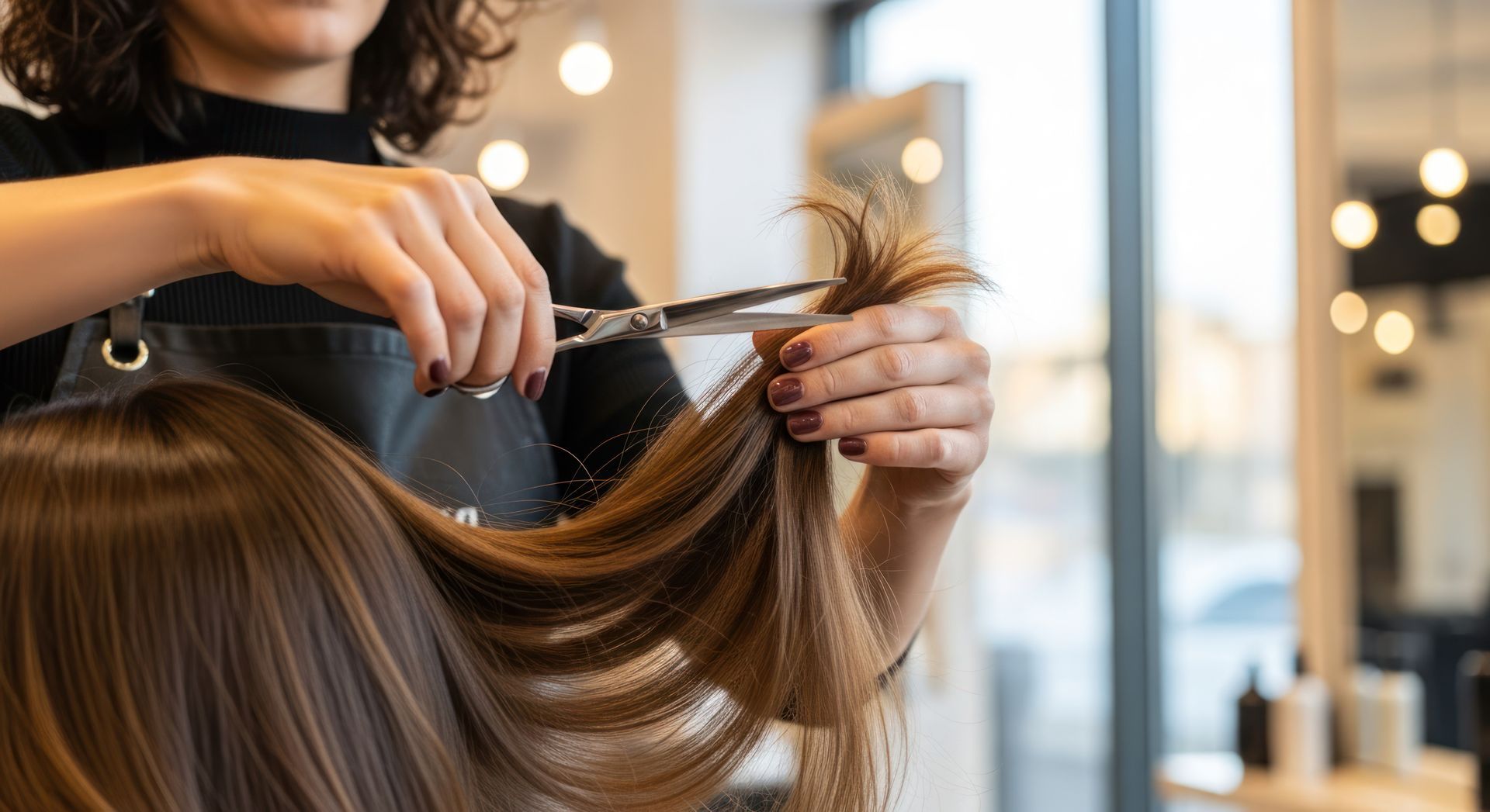 Nahaufnahme einer Person mit glattem, leuchtend rotem Haar, die eine metallene Haarschere vor ihr Gesicht hält.