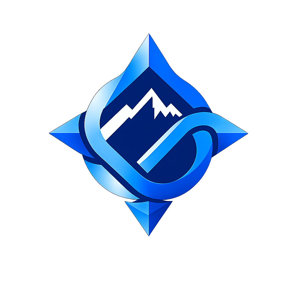Blue, four-petal abstract flower shape with interwoven design and gradient effect.
