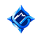 Blue, four-petal abstract flower shape with interwoven design and gradient effect.