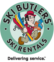 Ski Butlers logo. A man in a red hat holds skis and boots. Green circle, blue, yellow, and red skis.