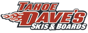 Tahoe Dave's Skis & Boards logo with red and white lettering, flames graphic, and a black outline.