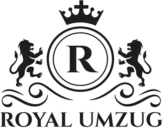 Ein schwarz-weißes Logo für Royal Umzug mit zwei Löwen und einer Krone.