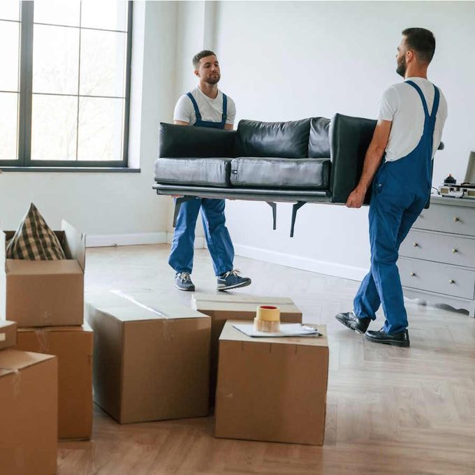 Zwei Umzugshelfer tragen eine schwarze Couch aus einer Wohnung. Im Vordergrund sind weitere gepackte Kartons zu sehen. Royal Umzug ist Ihre professionelle Umzugsfirma in Zürich.