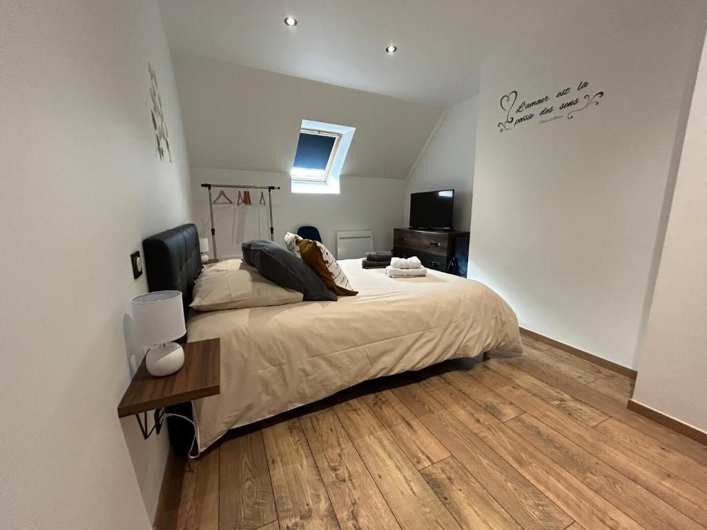 Chambre avec lit, puits de lumière, TV et plancher en bois.