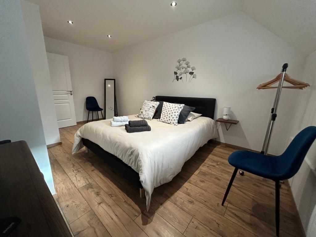 Chambre avec un lit, deux chaises bleues, un miroir pleine longueur et du parquet.