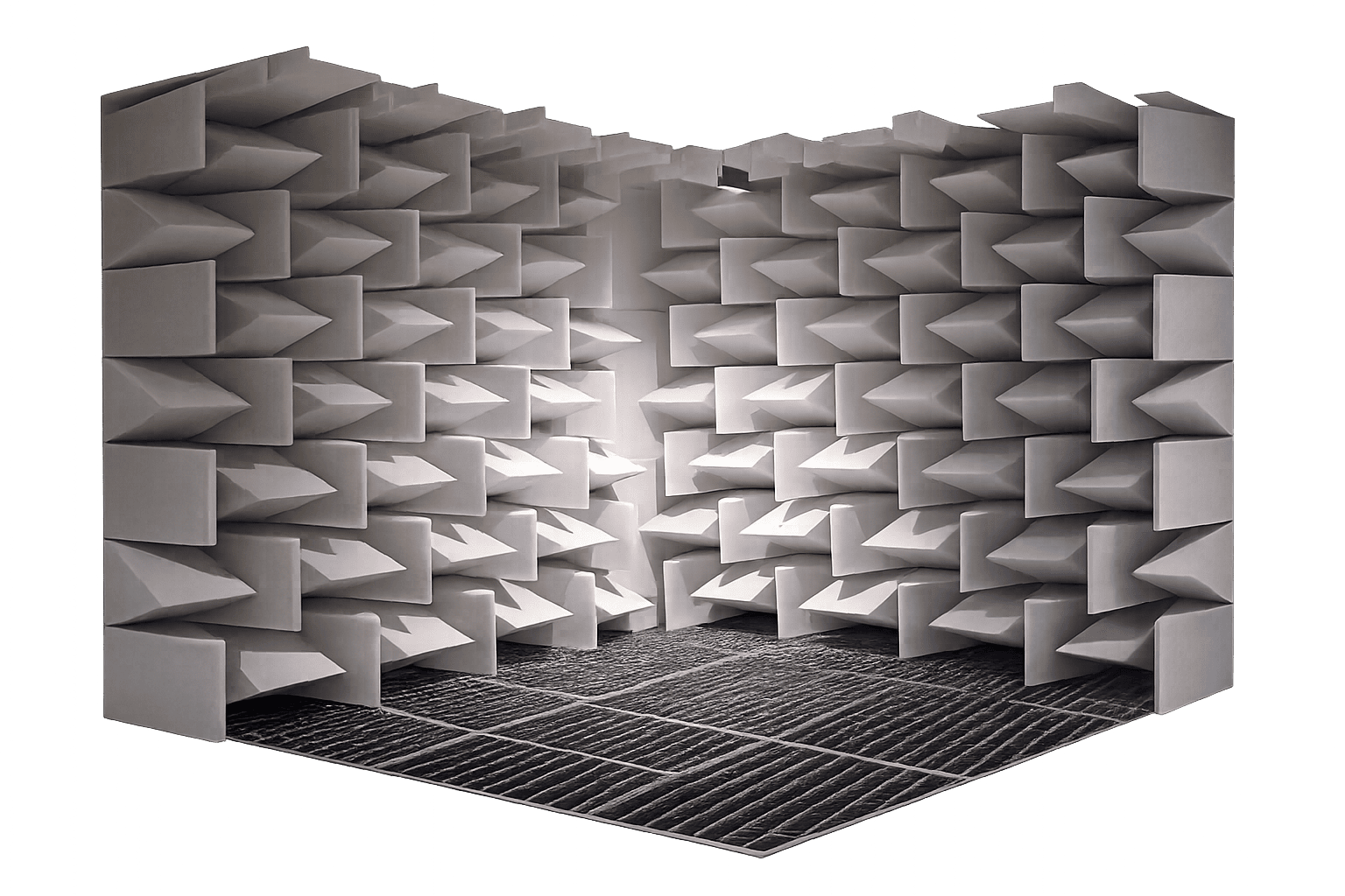 Una cámara anecoica, con espuma en forma de pirámide que cubre las paredes, el piso y el techo, absorbe el sonido.