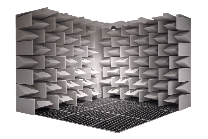 Una cámara anecoica, con espuma en forma de pirámide que cubre las paredes, el piso y el techo, absorbe el sonido.