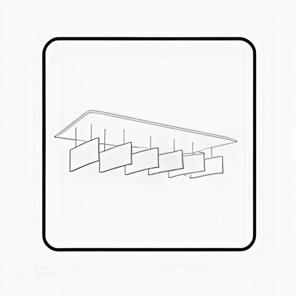 Sistema de exhibición aérea con carteles rectangulares colgantes.