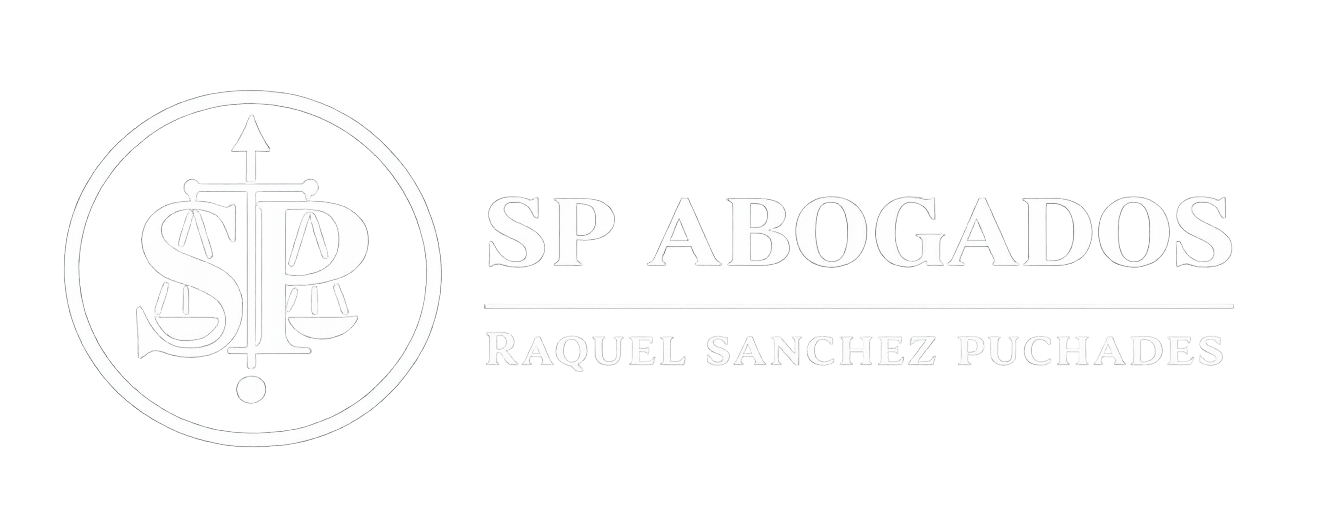 Logotipo con icono de balanza y texto “RAQUEL SP ADVOGADOS” en gris claro sobre fondo blanco