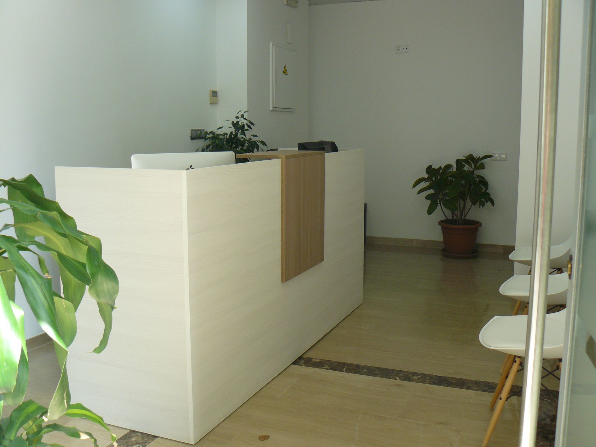 Vestíbulo minimalista con mostrador de recepción blanco, plantas en macetas y sillas en un pasillo luminoso.