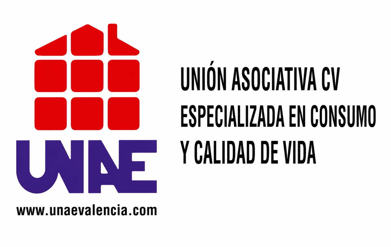 Logo de UNE: casa roja y texto violeta, con “Unión Asociativa CV especializada en consumo y calidad de vida”.