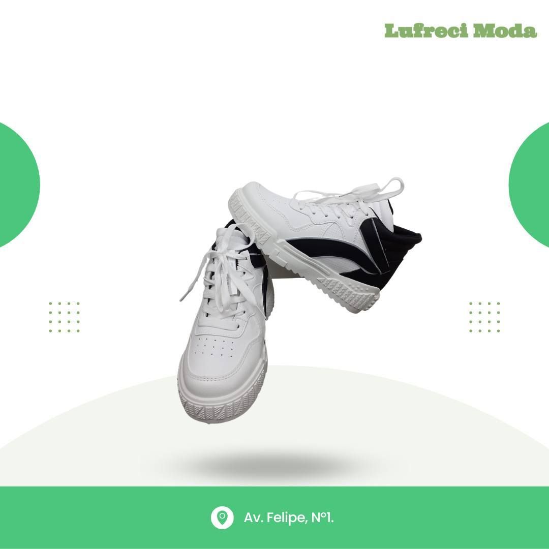 Un par de zapatillas blancas con detalles negros flotando en el centro de un anuncio gráfico de Lufreci Moda.