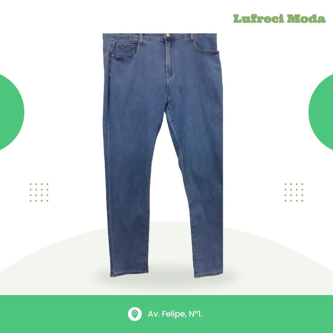 Un par de jeans de mezclilla azul centrados sobre un fondo blanco con detalles verdes y texto para Lufreci Moda.