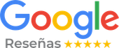Logotipo de reseñas de Google con cinco estrellas doradas y la palabra
