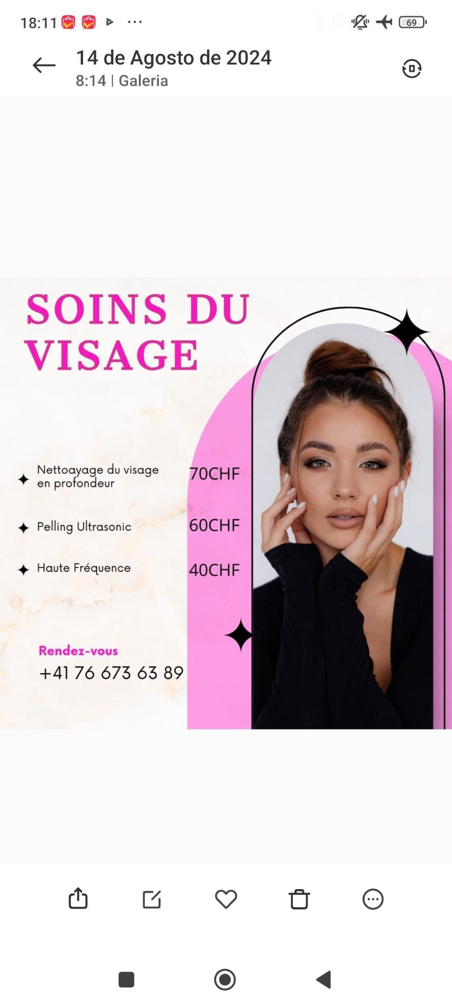Affiche publicitaire pour des soins du visage. Femme en chignon. Texte : « SOINS DU VISAGE », services, coordonnées.